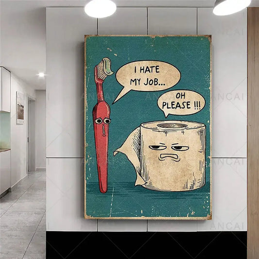 Vintage-style teal canvas painting featuring a red toothbrush and beige toilet paper with cartoon faces humorous bathroom poster print