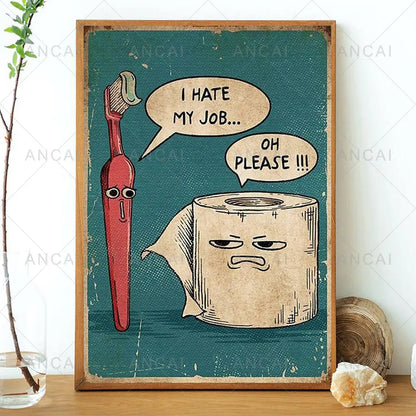 Vintage-style framed humorous bathroom poster print with cartoon toothbrush and toilet paper on teal background