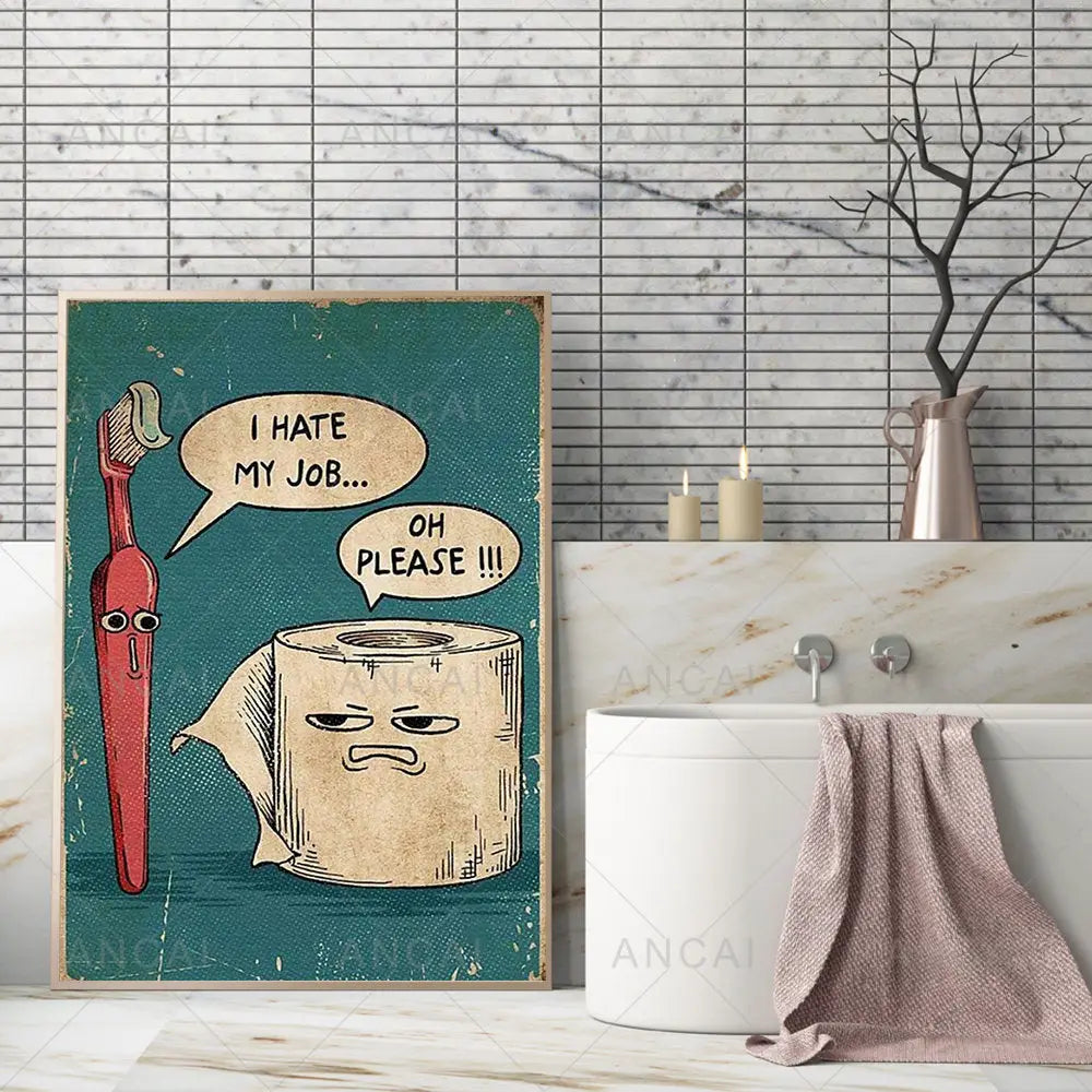 Vintage-style framed humorous bathroom poster print featuring cartoon toothbrush and toilet paper with speech bubbles