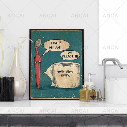 Vintage-style framed poster print featuring a humorous bathroom poster with cartoon toothbrush and toilet paper on teal background