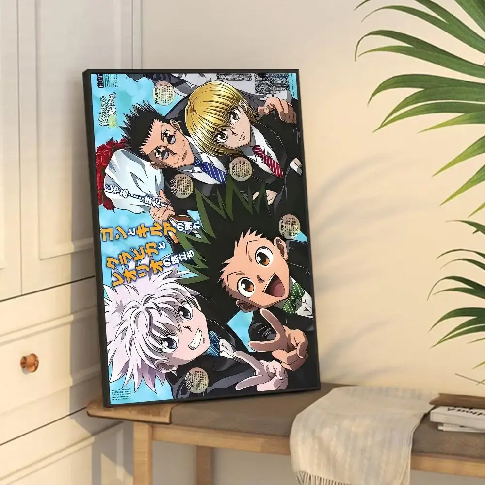 Black-framed canvas print featuring hunter x hunter anime characters in classic vintage style by decorbites vintage posters
