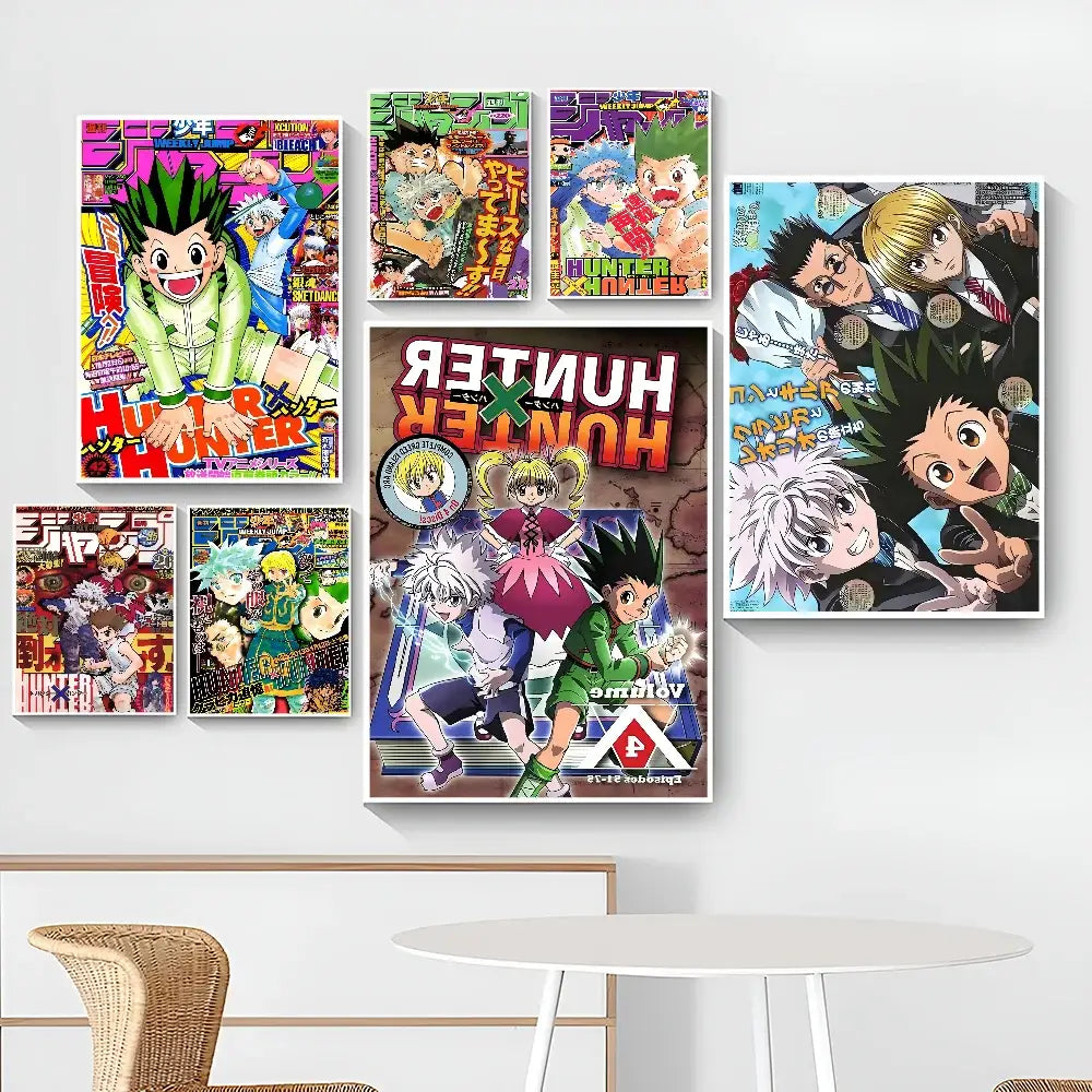 Collection of colorful classic vintage hunter x hunter framed anime posters displayed as stylish wall art by decorbites