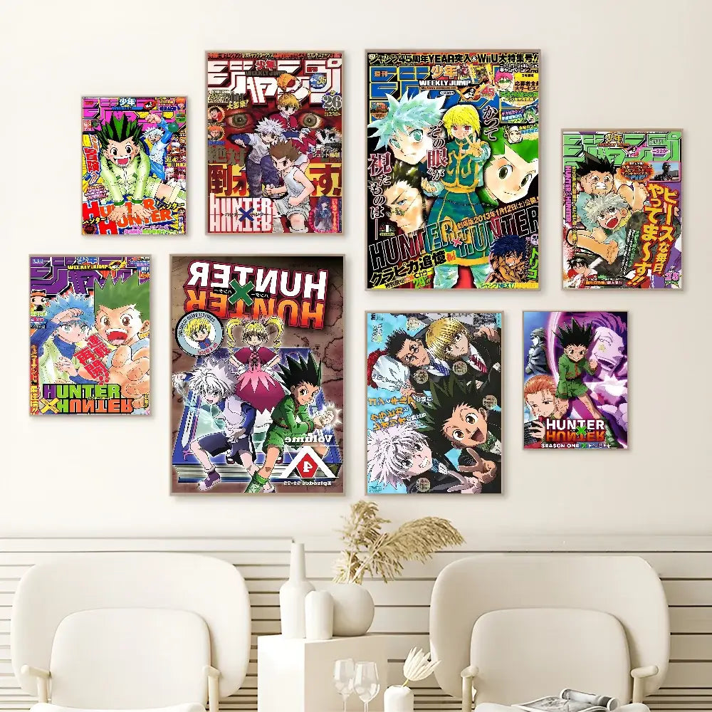 Collection of vibrant colorful hunter x hunter classic vintage posters displayed as decorbites vintage anime posters