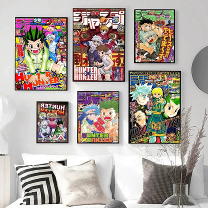 Five framed hunter x hunter classic vintage posters featuring vibrant colorful artwork and dynamic character illustrations