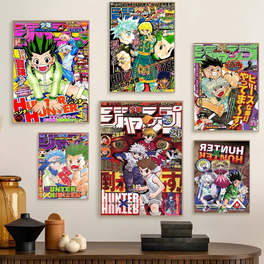 Five vibrant colorful hunter x hunter classic vintage posters displayed as decorbites vintage anime posters on wall