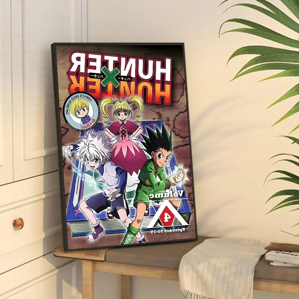 A framed DecorBites™ hunter x hunter classic vintage poster with vibrant characters and bold red and white lettering