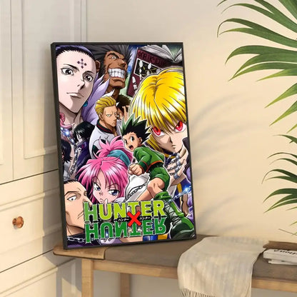 A framed hunter x hunter vintage poster featuring vibrant characters and bold green and yellow lettering by decorbites