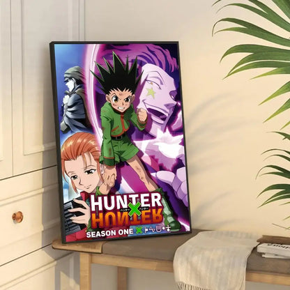 A framed hunter x hunter season one anime poster with vibrant colors and dynamic vintage artwork from DecorBites vintage posters