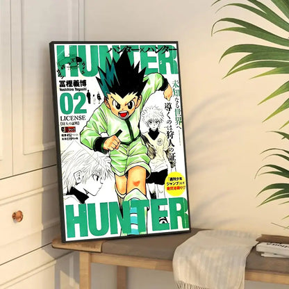 Green and black framed hunter x hunter vintage poster featuring the main character in a dynamic pose by DecorBites