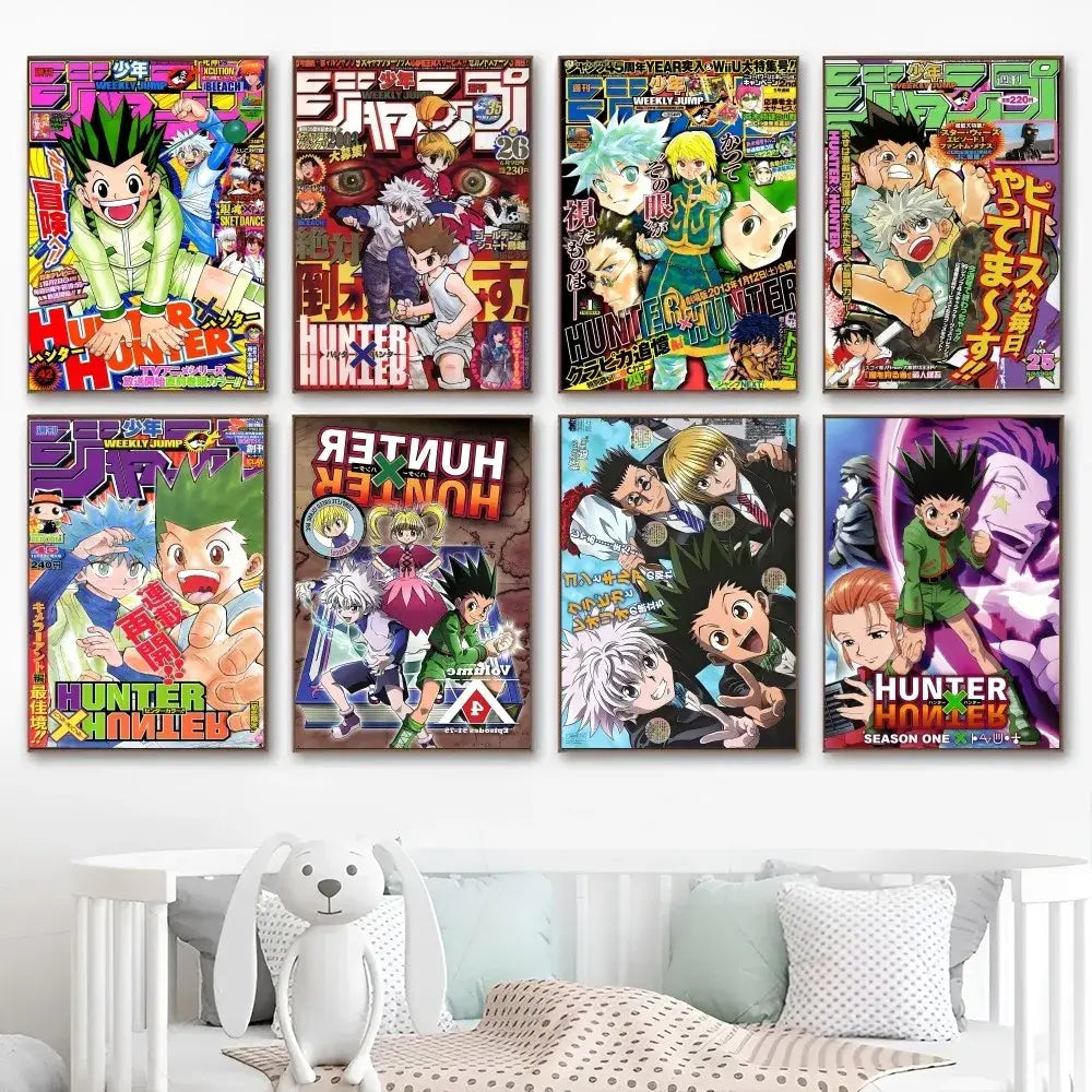 Set of eight vibrant colorful hunter x hunter classic vintage posters framed as wall art for decorbites™ collection