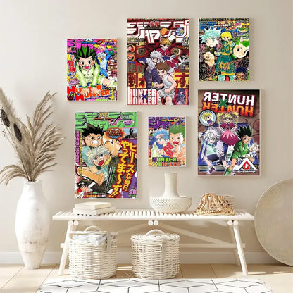 Six vibrant colorful hunter x hunter classic vintage posters arranged in a decorative wall display by decorbites