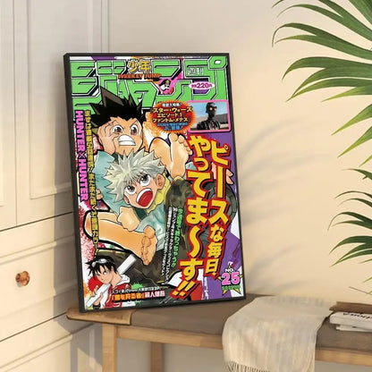 Vibrant green and purple classic vintage posters featuring hunter x hunter anime on a weekly shonen jump cover by decorbites
