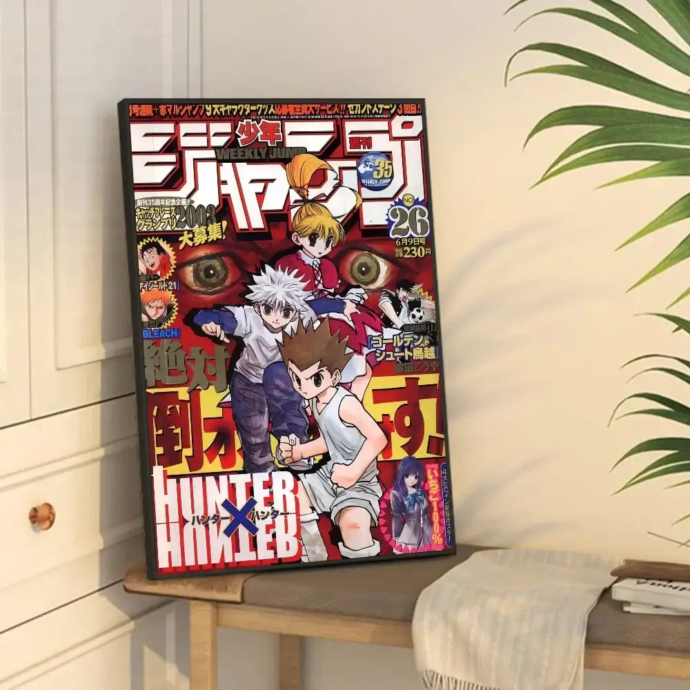Vibrant red and black vintage posters featuring hunter x hunter anime on a weekly shonen jump magazine cover for decorbites