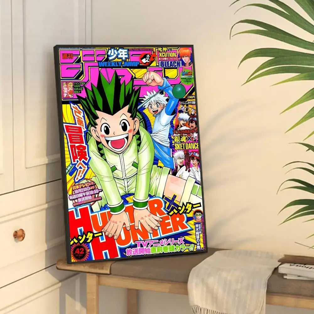 Framed canvas of vibrant hunter x hunter weekly shonen jump cover featuring bold colors and dynamic vintage posters design