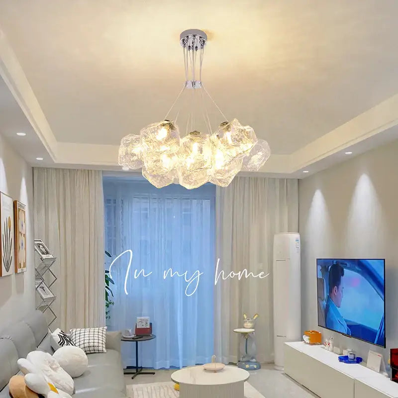 Cloud-shaped decorbites iced crystal chandelier with illuminated glass orbs and chrome ceiling mount for living room light