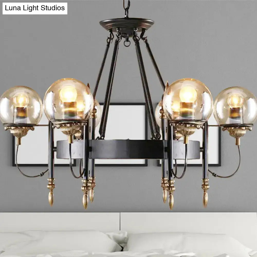 Decorbites industrial 6-light chandelier with clear glass globe bulbs black metal frame brass accents for living room