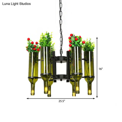DecorBites™ industrial chandelier with six green glass wine bottle light bulbs and black metal frame for dining rooms