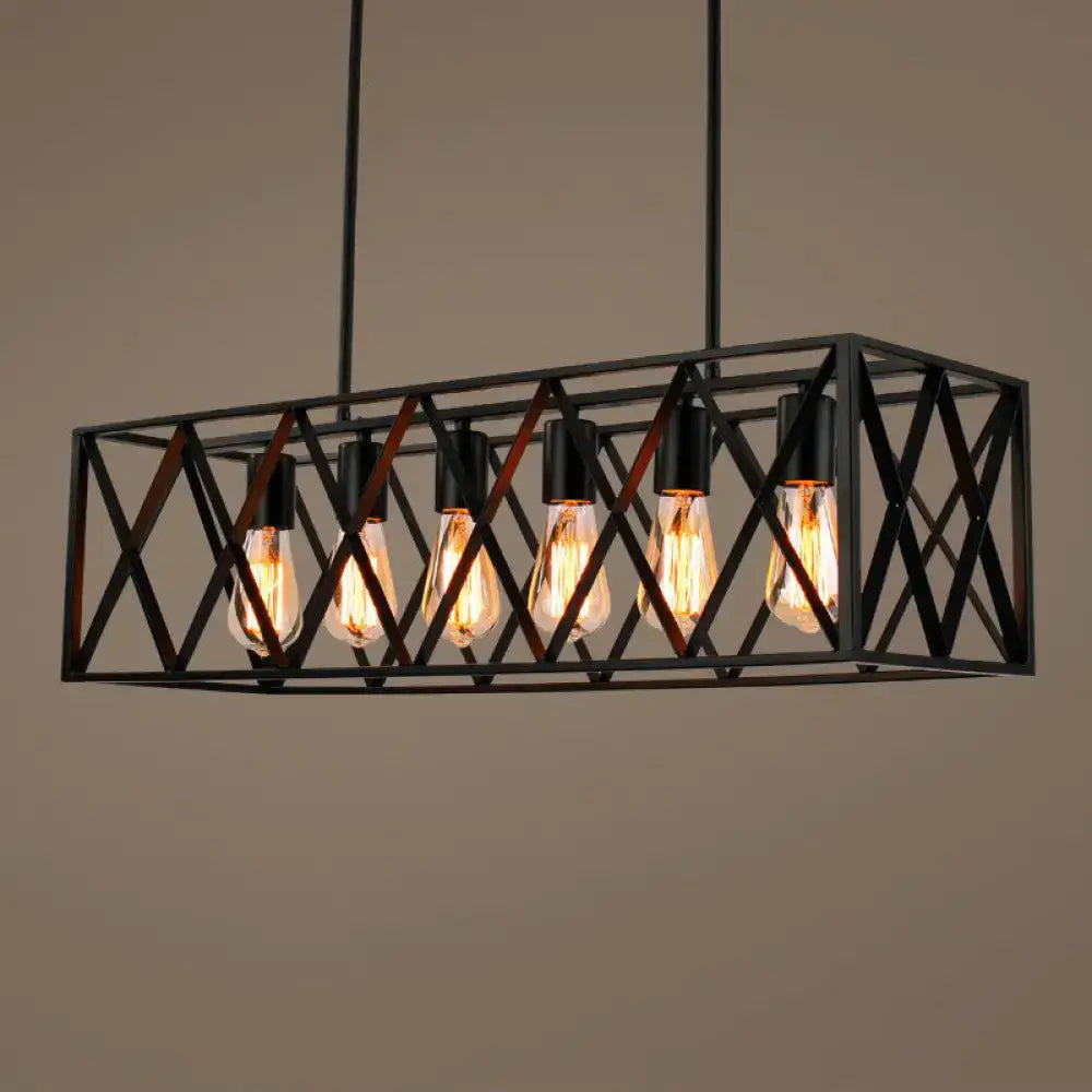 Black metal rectangular iron pendant light with diagonal cross-bracing and five exposed filament bulbs for restaurants with adjustable chain cord length compatible with 110v-120v and 220v-240v