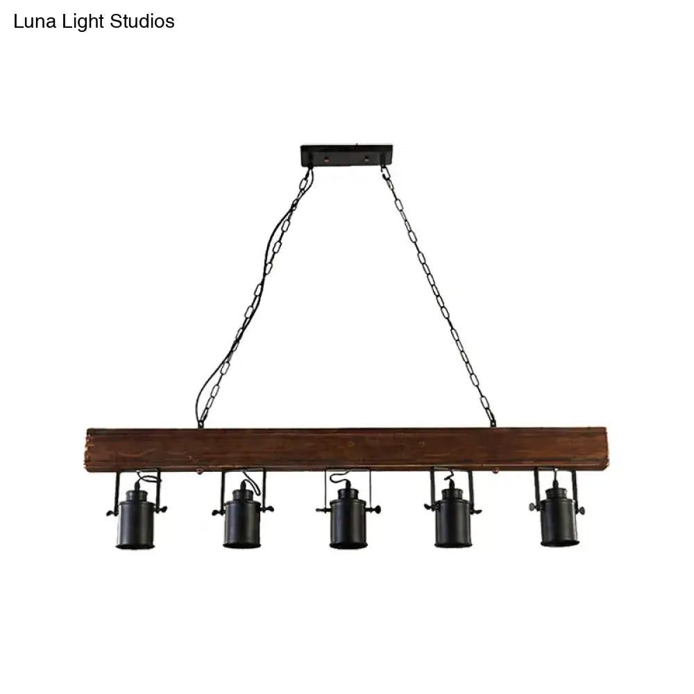Decorbites™ industrial black metal island light fixture with dark brown wooden beam and chain cord five-lamp holders