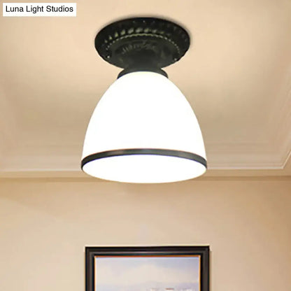 DecorBites™ industrial black semi flush ceiling light with milky glass shade and dome flower design for gallery use