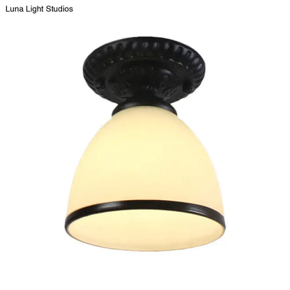 Black ornate dome flower semi flush ceiling light with milky glass shade by decorbites perfect for gallery use