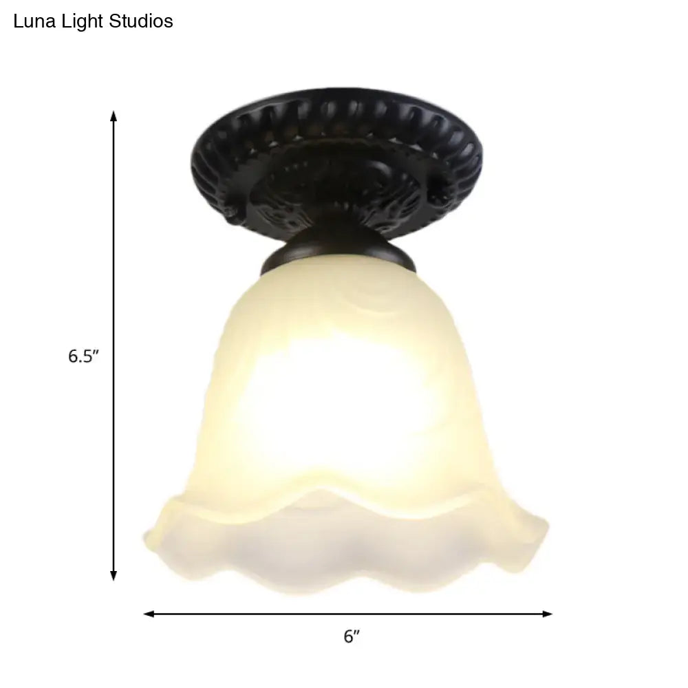 Decorbites™ industrial black semi flush ceiling light with ornate dome flower fixture and milky glass shade for gallery