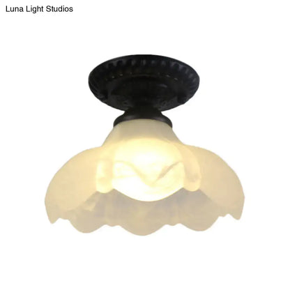 Decorbites industrial black semi flush ceiling light with dome flower milky glass scalloped shade for gallery use