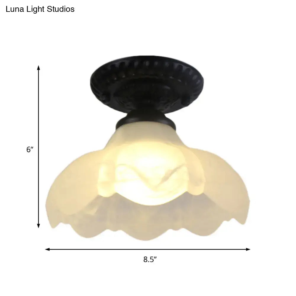 Black metal semi flush ceiling fixture with frosted scalloped milky glass dome flower shade ideal for gallery lighting