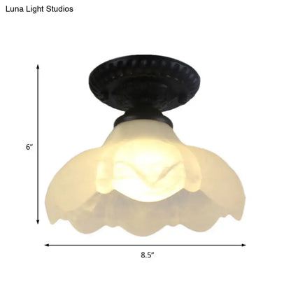 Black metal semi flush ceiling fixture with frosted scalloped milky glass dome flower shade ideal for gallery lighting