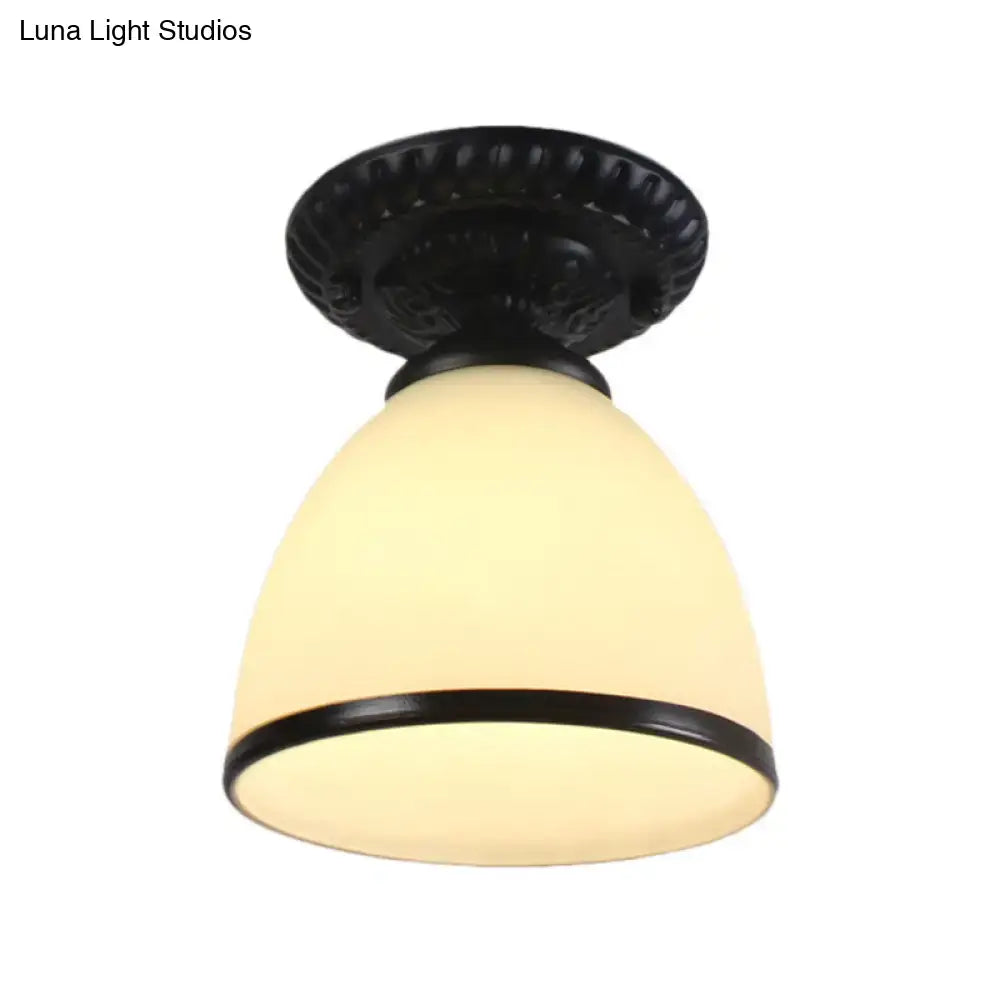 DecorBites™ industrial black semi flush ceiling light with milky glass dome flower shade and decorative rim for gallery use