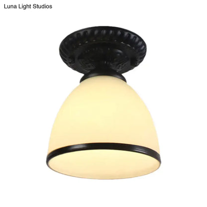 DecorBites™ industrial black semi flush ceiling light with milky glass dome flower shade and decorative rim for gallery use