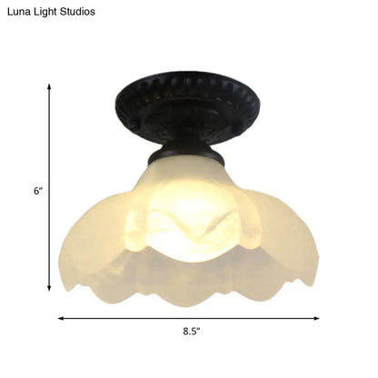 DecorBites™ industrial black semi flush ceiling light with ornate base and milky glass dome flower shade for gallery use