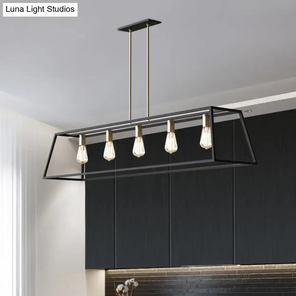 Black metal rectangular pendant light with four exposed edison bulbs for dining room ceiling industrial black trapezoid design