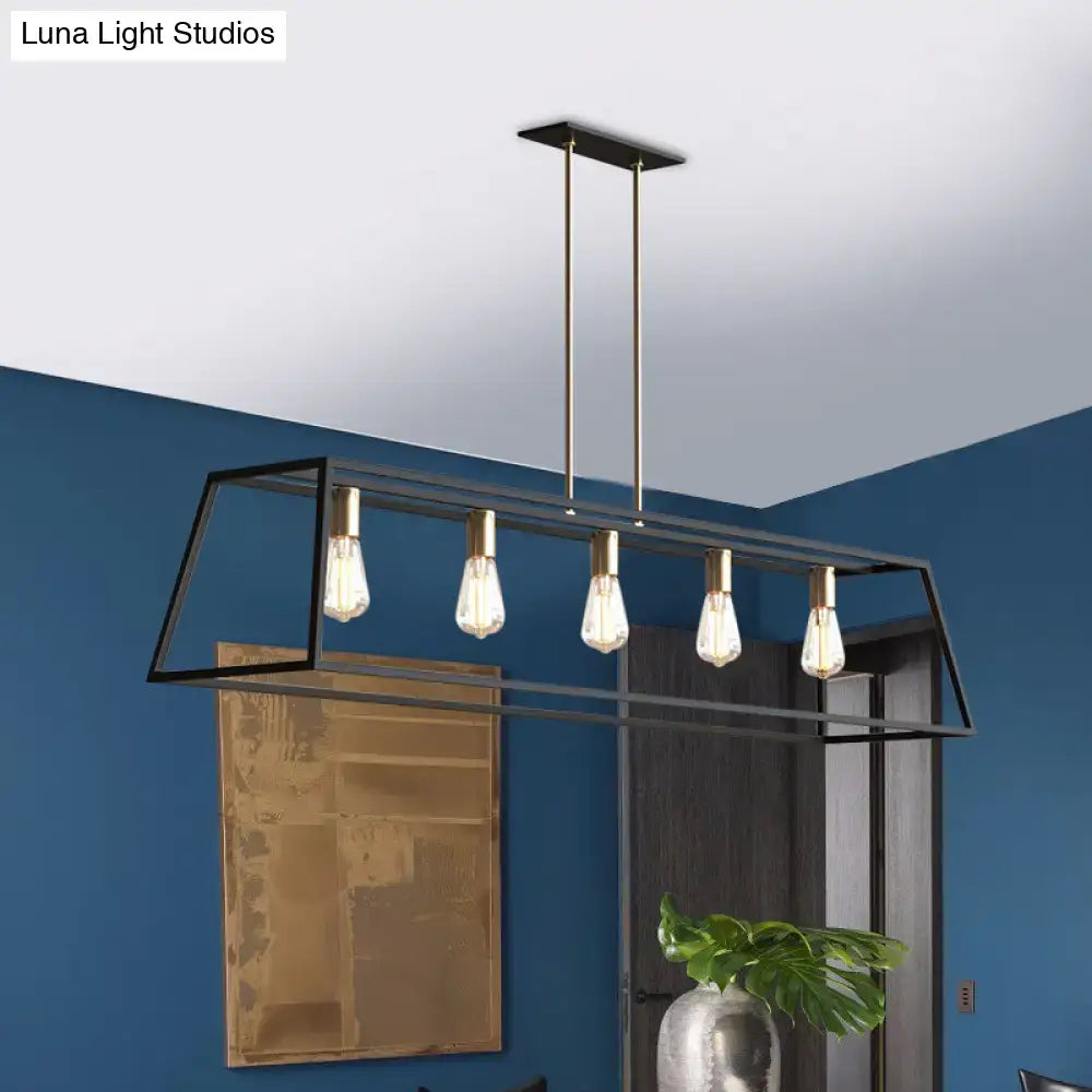 Black metal rectangular pendant light with five exposed Edison bulbs for dining room ceiling industrial black trapezoid design
