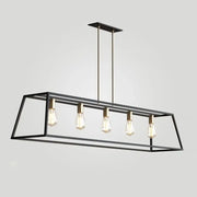 DecorBites™ industrial black trapezoid metal pendant light with five exposed bulbs for dining room ceiling suspension