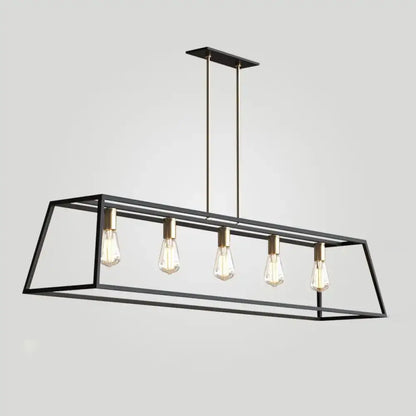 DecorBites™ industrial black trapezoid metal pendant light with five exposed bulbs for dining room ceiling suspension