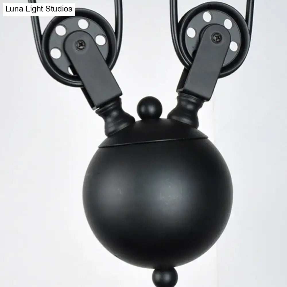 DecorBites™ black wide flare pulley pendant light with matte finish and two matching pulleys for restaurant use