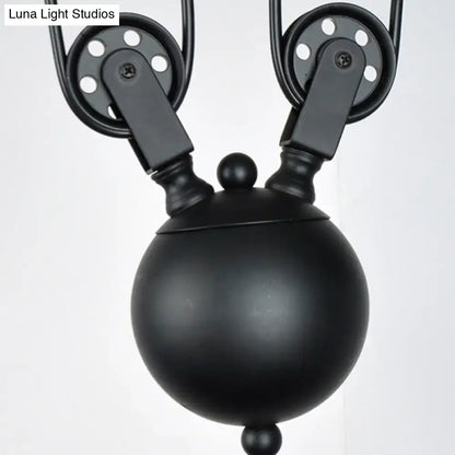 DecorBites™ black wide flare pulley pendant light with matte finish and two matching pulleys for restaurant use