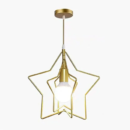 Gold star-shaped decorbites industrial chandelier with sleek black metal frame and exposed bulb for living room lighting