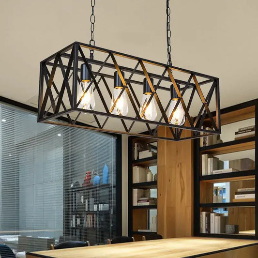 Black metal rectangular decorbites industrial chandelier with geometric lattice design and four exposed edison bulbs