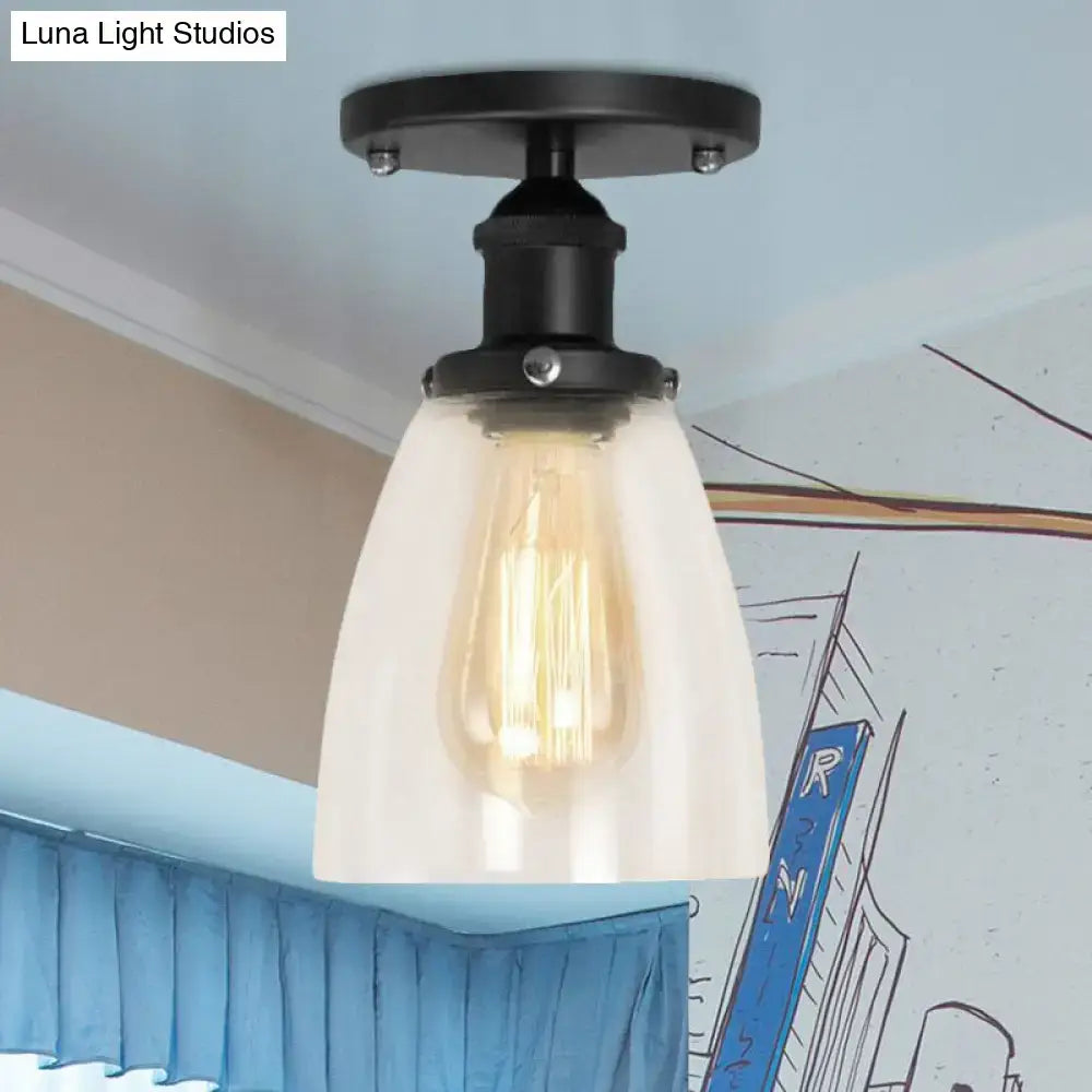 Decorbites™ industrial black metal semi flush light with clear glass cone and exposed filament bulb for living rooms