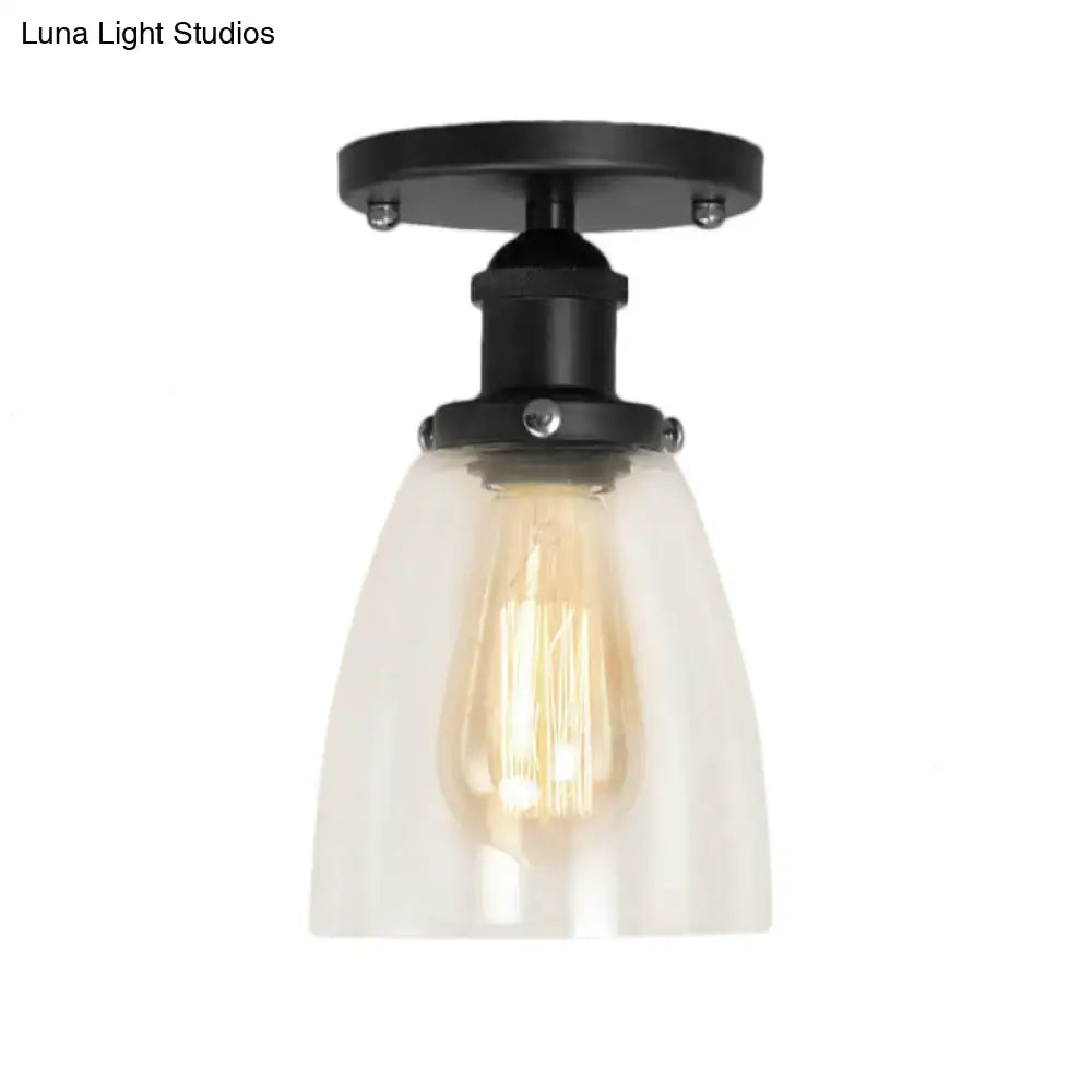 Black metal decorbites™ industrial clear glass cone semi flush light fixture with exposed filament bulb for living room