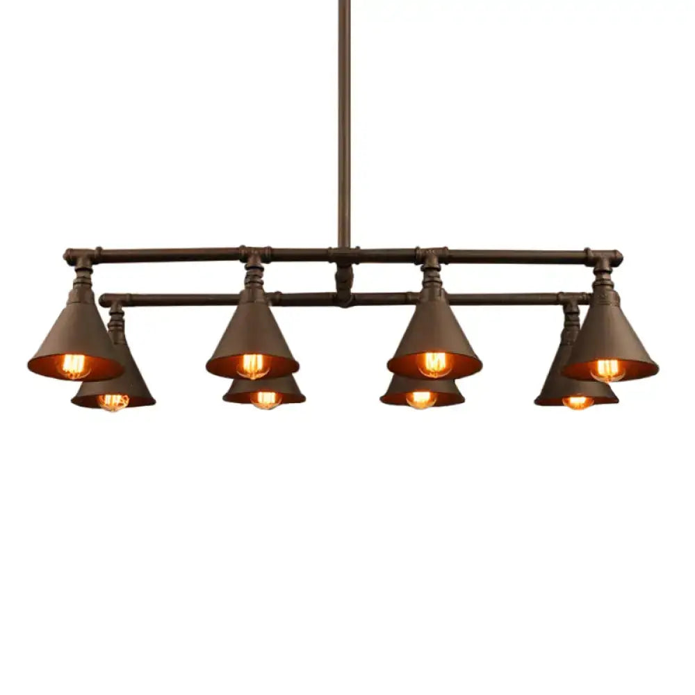 Decorbites industrial pendant light with five black iron conical shades and dark bronze pipe frame for wine bar lighting