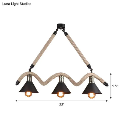 Decorbites™ industrial hemp pendant lamp in black with three e26 e27 led incandescent fluorescent bulbs and beige rope suspension