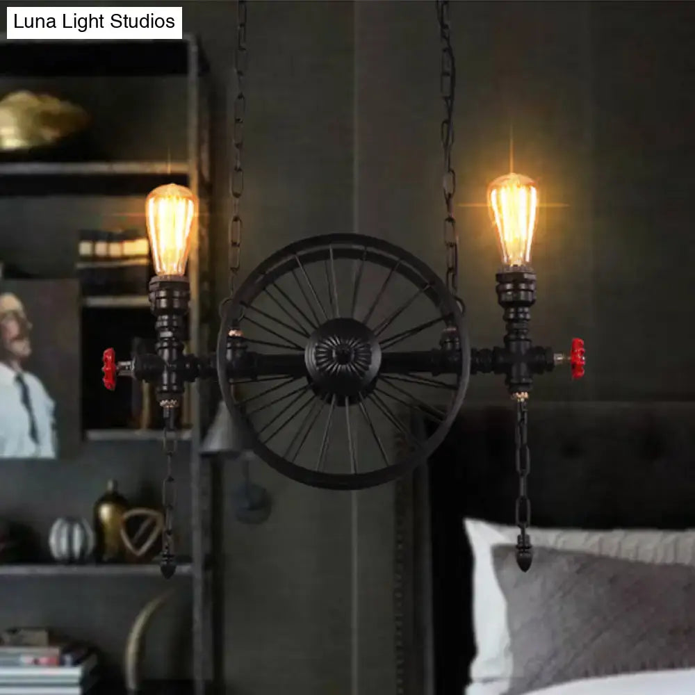 Decorbites industrial iron hanging light fixture in black with bicycle wheel and filament bulbs for living room use