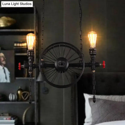 Decorbites industrial iron hanging light fixture in black with bicycle wheel and filament bulbs for living room use