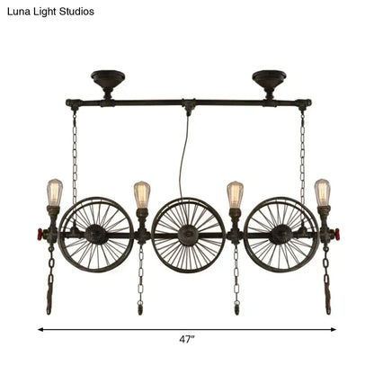 DecorBites™ industrial iron hanging light fixture in black with three vintage bicycle wheels and four Edison bulbs for living room