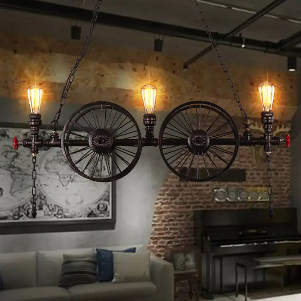 Decorbites industrial iron hanging light fixture in black metal with vintage edison bulbs and bicycle wheels for living room