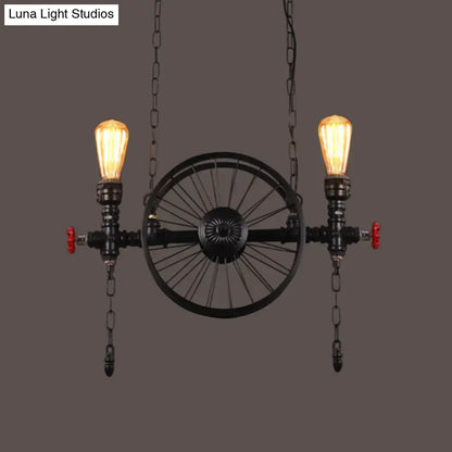 Decorbites industrial iron hanging light fixture in black with bicycle wheel and edison bulbs for living room island