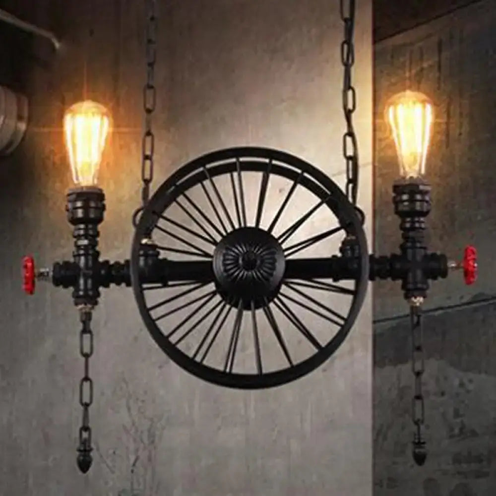 DecorBites industrial iron hanging light fixture in black with wagon wheel design and red valve accents for living room